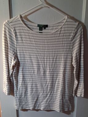 Lauren Ralph Lauren White Long Sleeve Tee with Navy Stripes